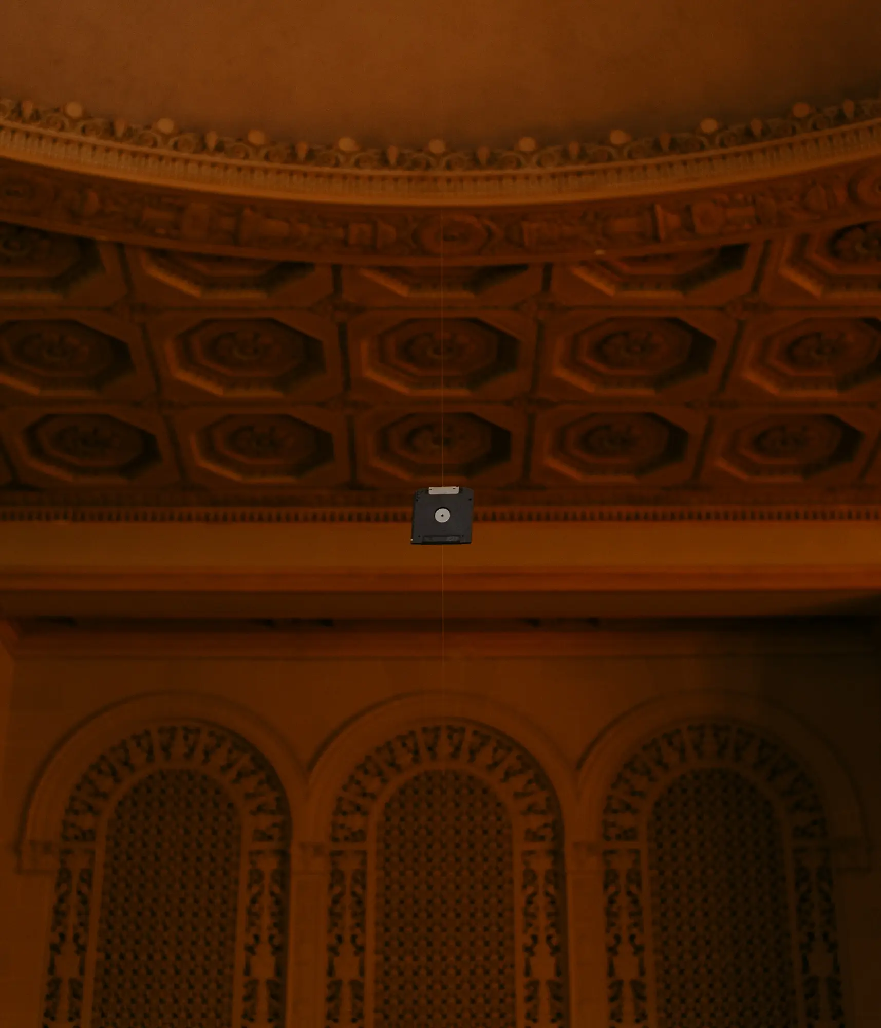 A zip drive on a zip line in the Great Room of the Internet Archive.